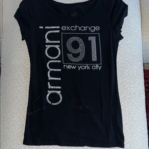 Armani Exchange Black Fitted Graphic Cap Sleeve Tee